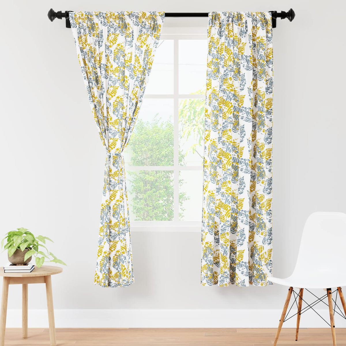 Encasa XO Window Curtain 6 ft Set of 2, Polyester Printed with Rod Pocket, Tie Back, Light-Filtering, Semi Sheer/Transparent Curtains- Kitchen, Bedroom, Living Room (140x183 cm), Dry Leaves