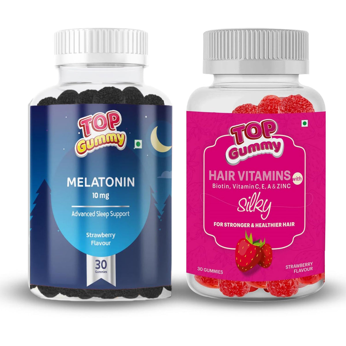 Top Gummy Melatonin 10mg - 30 Gummies Strawberry Flavour & Hair Vitamins With Biotin - 30 Gummies Strawberry Flovour