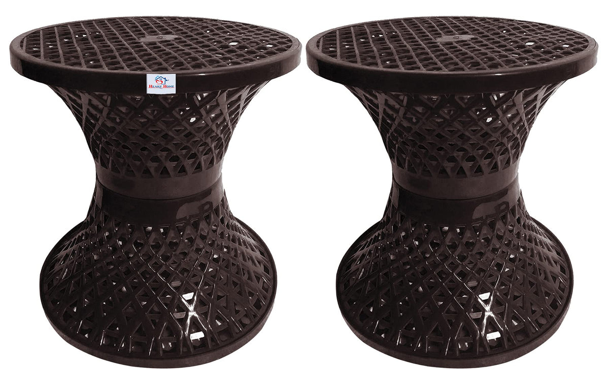 Heart Home Mesh Design Both Sided Plastic Sitting Stool, Planter Stand, Sidetable for Living Room, Bed Room, Garden in Damroo Style- Pack of 2 (Brown)