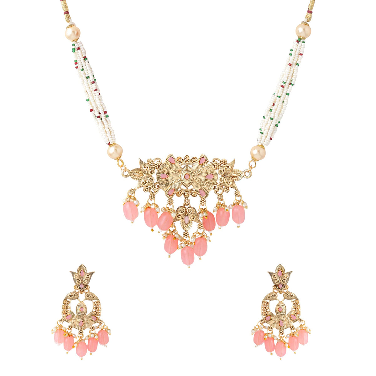 Yellow Chimes Jewellery Set for Women and Girls Beads Necklace Set for Women | Gold Plated Green Beads Beaded Necklace Set | Birthday Gift for girls and women Anniversary Gift for Wife