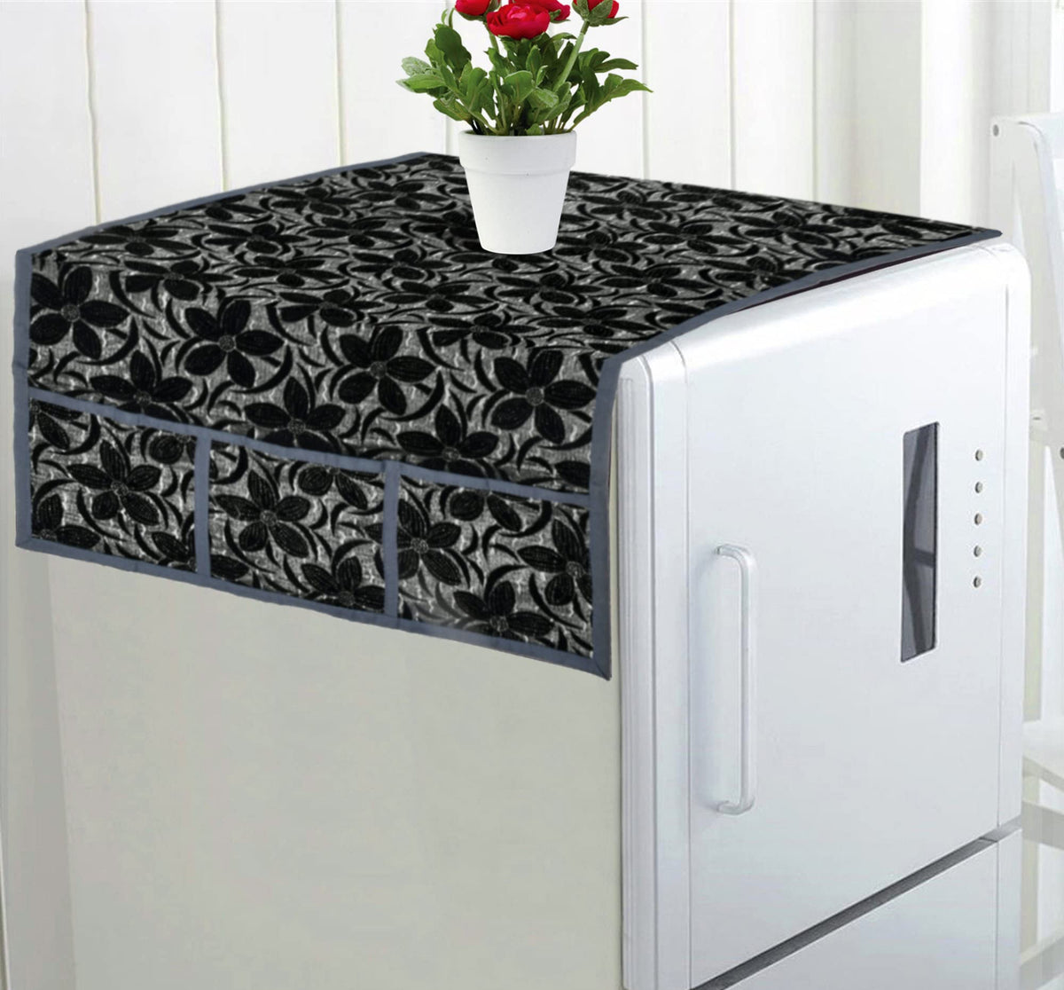 Kuber Industries Flower Design Velvet Fridge/Refrigerator/Side by Side/Double Door Top Cover with 6 Utility Side Pockets (Black)-HS_38_KUBMART21090