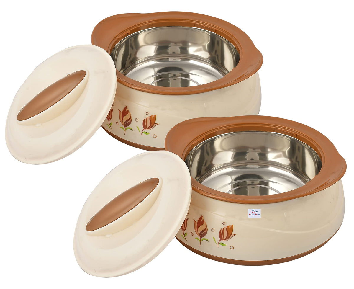 Heart Home Floral Printed BPA Free Food Grade Inner Stainless Steel Casserole Keeps Chapati, Food, Curry With Lid, 1500ml- Pack of 2 (Cream & Brown)-HS42KUBMART25036