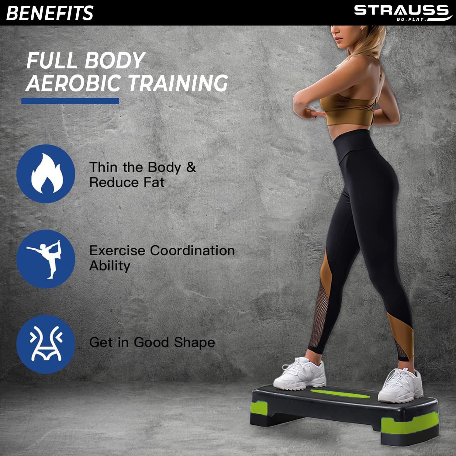 Strauss Aerobic Stepper | Two Height Level Adjustments - 4 inches and 6 inches | Ideal For Cardio Workout, Lower Body Toning and Calorie Burning | Slip-Resistant & Shock Absorbing Platform for Extra-Durability - Supports Upto 200 KG, (Green)