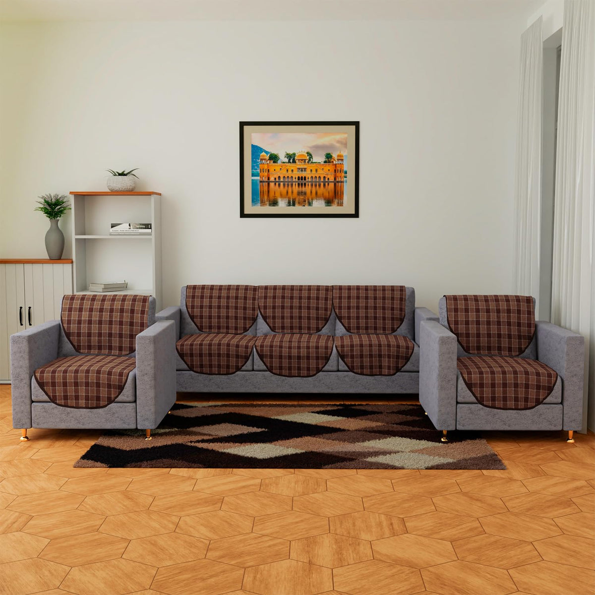 Kuber Industries Sofa Cover | Jute 5 Seater Sofa Covers | Couch Cover for Home Décor | Sofa Cover for Hall | Check Design Sofa Cover | Sofa Cover Set for Living Room | Light Brown