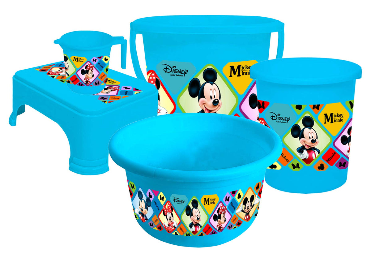 Kuber Industries Disney Mickey Minnie Print Plastic Bathroom Set of 5 Pieces with Bucket, Tub, Stool, Dustbin & Mug (Blue)-KUBMARTS15273 -HS_35_KUBMARTS17965