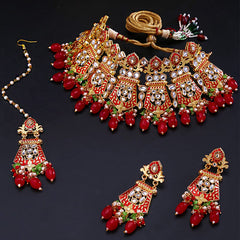 Yellow Chimes Ethnic Gold Plated Kundan Red Beads Design Jewellery Set Multicolour Meenakari Choker Necklace Set with Earrings and maang Tikka for Women and Girls