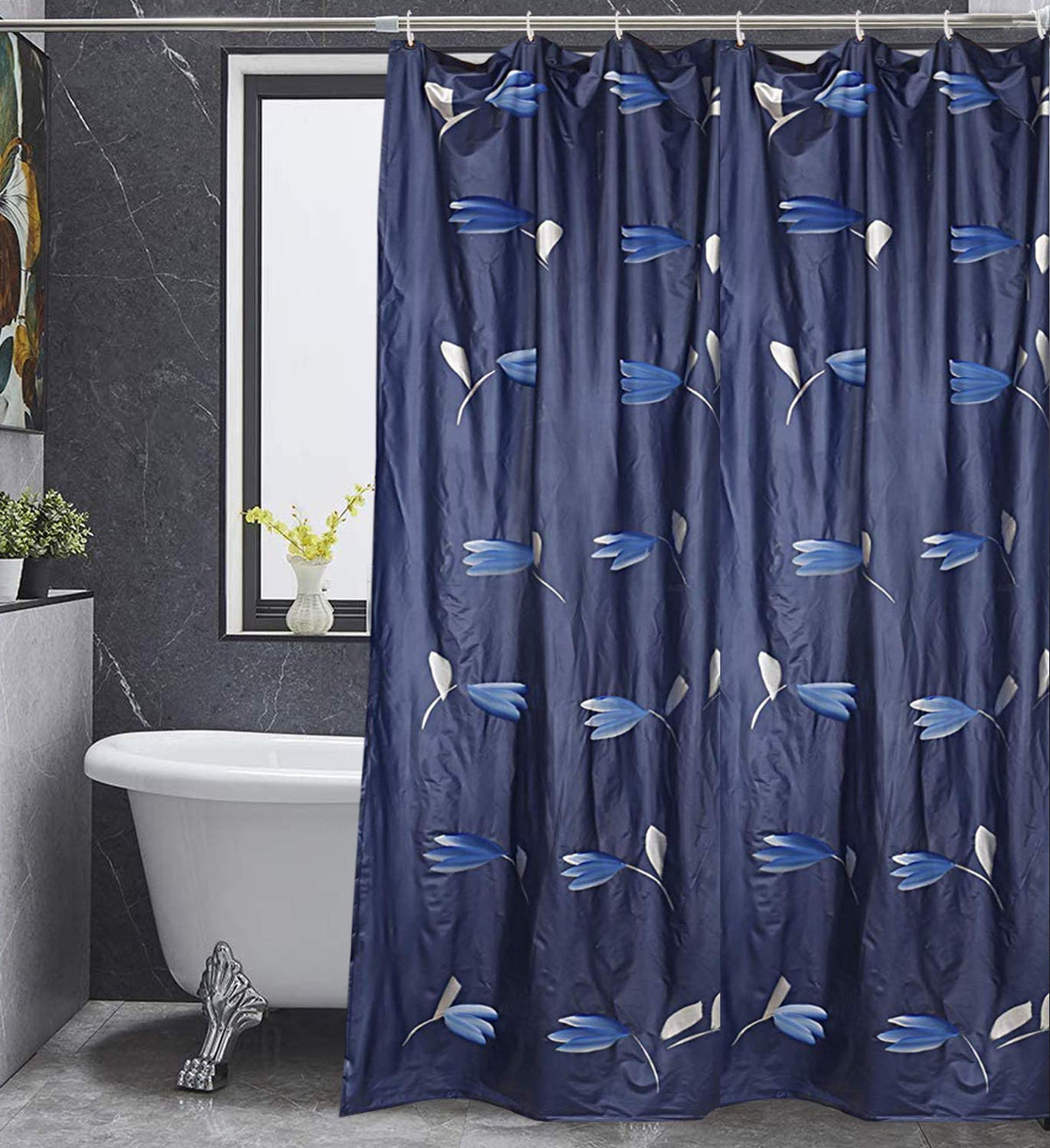 Kuber Industries Leaf Design PVC Shower Curtain with 8 Hook (Blue), Washable, Pack of 1