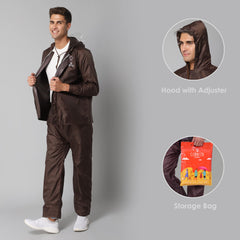 THE CLOWNFISH Rain Coat for Men Waterproof Raincoat with Pants Polyester Reversible Double Layer Rain Coat For Men Bike Rain Suit Rain Jacket Suit Inner Mobile Pocket with Storage Bag (Brown XXL)