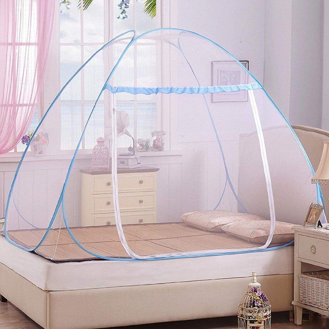 Heart Home Polyester Foldable Mosquito Net Tent,Double Bed, Queen Size, 6.5 Ft X 5.5 Ft (Blue), King (F_26_HEARTH016879)