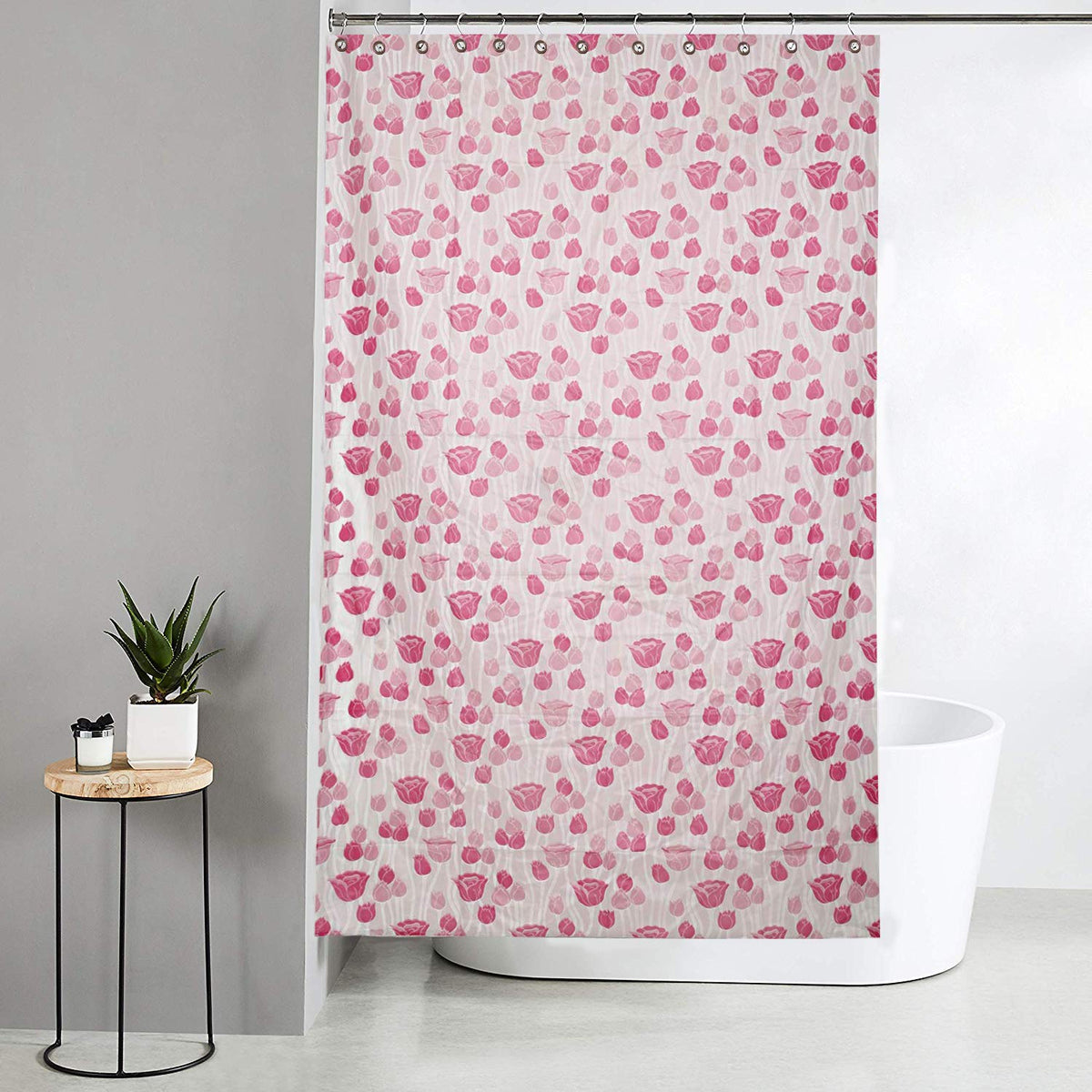 Kuber Industries Flower Design Waterproof PVC Floral Shower Curtain with 8 Hooks (CTKTC33762, Pink, 54 x 84 inch)