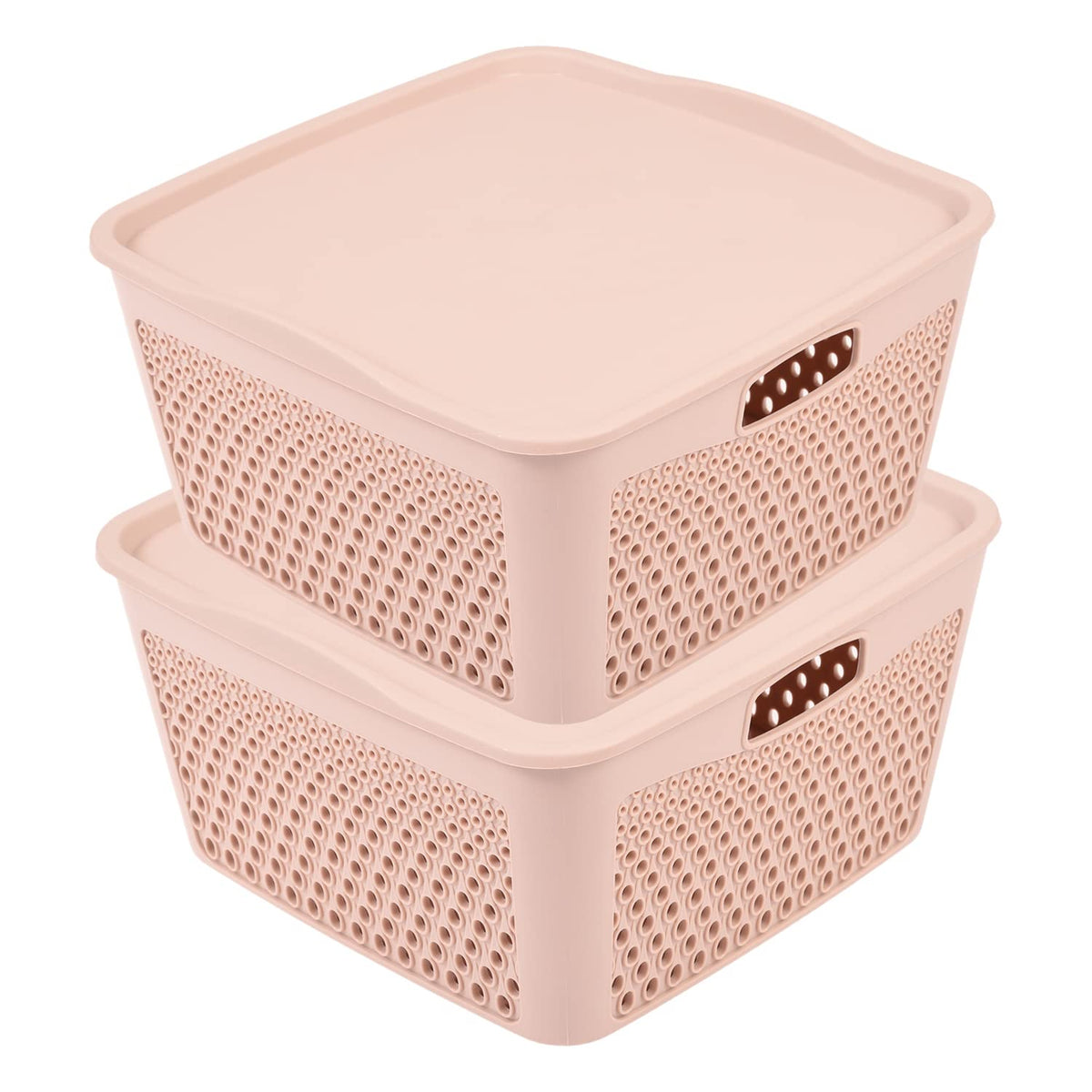 Kuber Industries Netted Design Unbreakable Multipurpose Square Shape Plastic Storage Baskets with lid Large Pack of 2 (Beige)