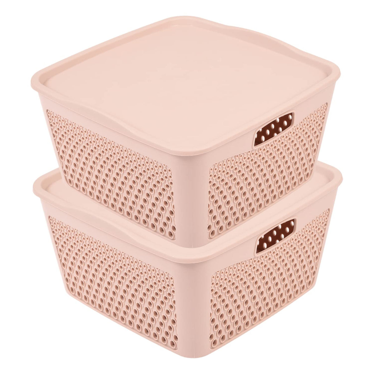Kuber Industries Netted Design Unbreakable Multipurpose Square Shape Plastic Storage Baskets with lid Small Pack of 2 (Beige)