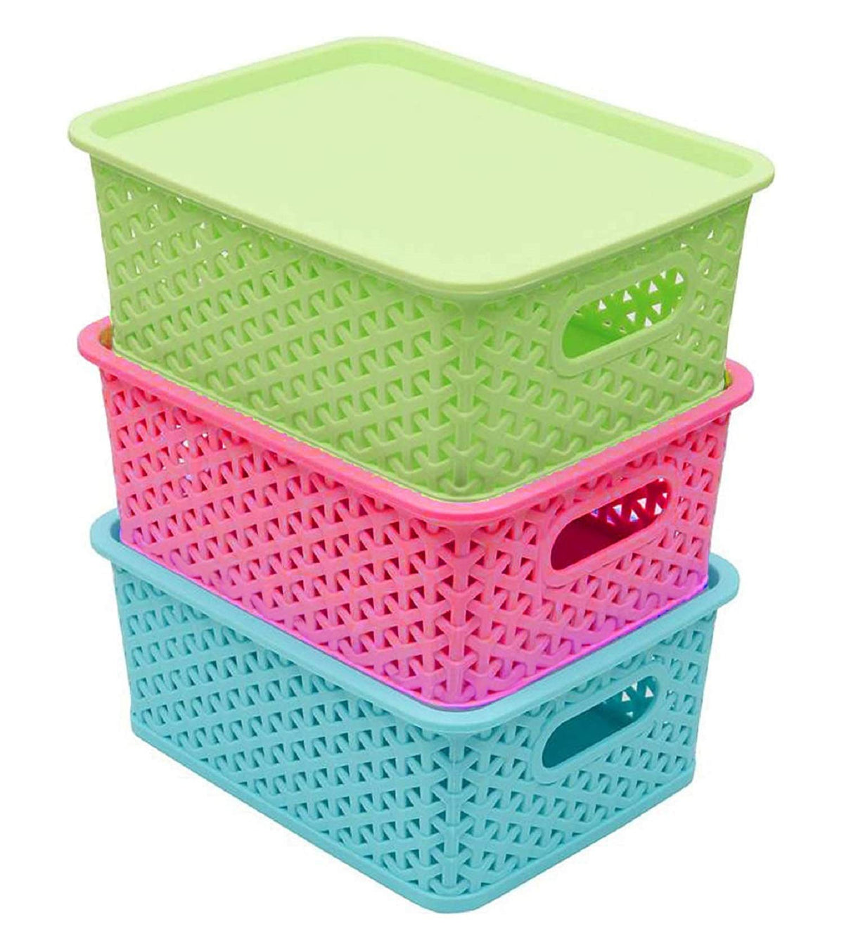 Kuber Industries Plastic 3 Pieces Small Size Multipurpose Solitaire Storage Basket with Lid (Multi)-CTKTC025452, Standard