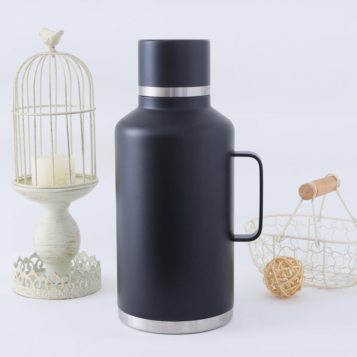 UMAI Double-Walled Vacuum Insulated Stainless Steel Water Bottle with Handle | Large Capacity 2000ml | Leakproof, BPA Free, Rustproof | Hot & Cold Water Bottle for Gym, Home, Office, Travel (Black)