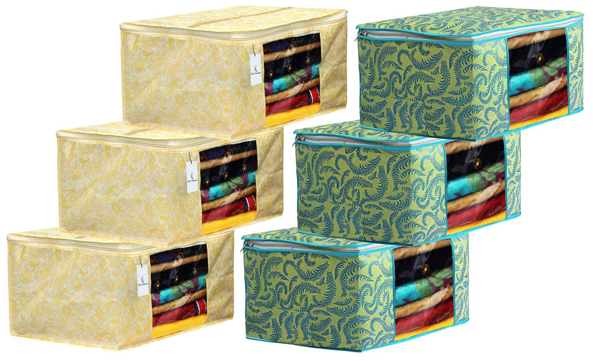 Kuber Industries Metalic Printed 6 Piece Non Woven Fabric Saree Cover Set with Transparent Window, Extra Large, Green & Gold -CTKTC040883