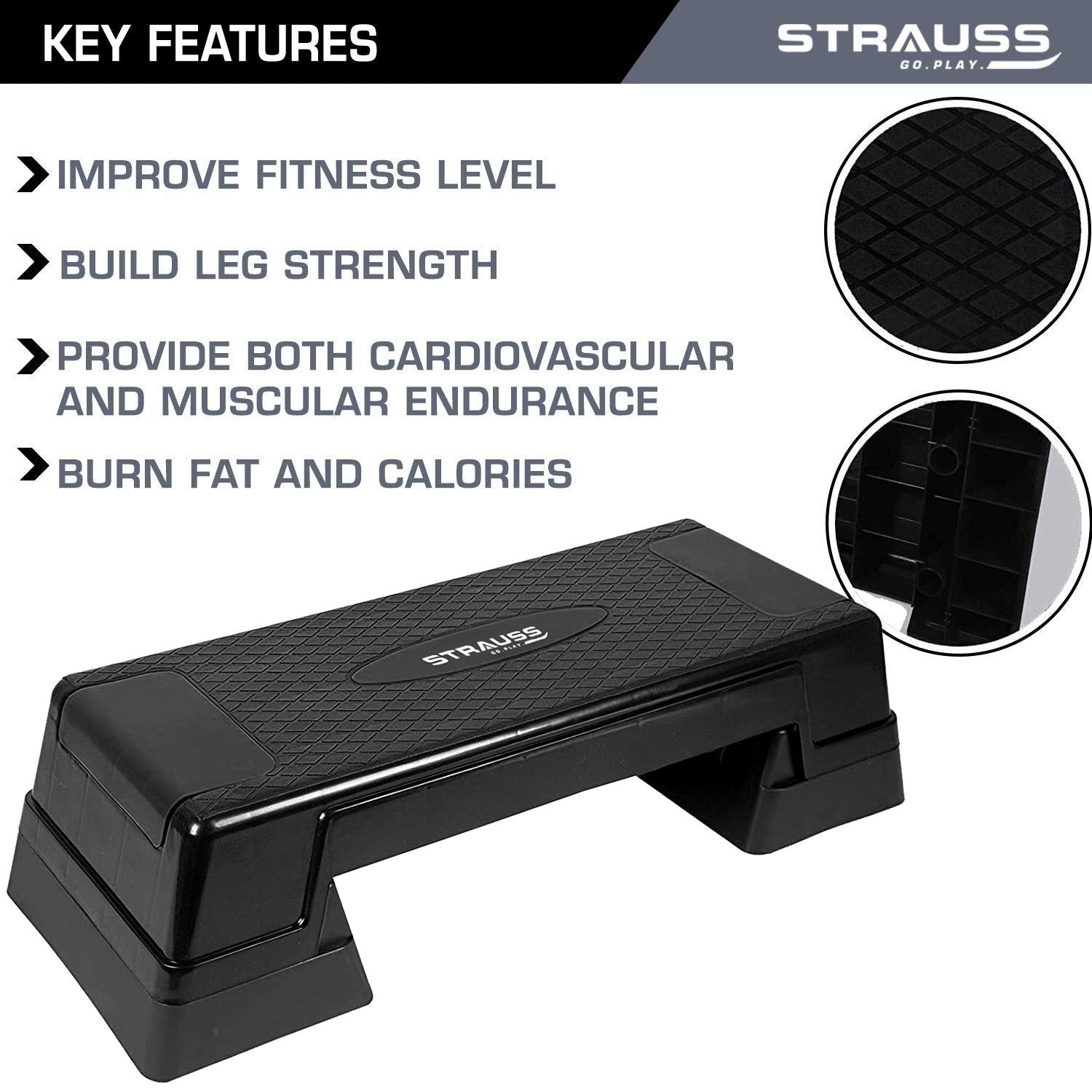 Strauss High Rise Aerobic Stepper | Two Height Level Adjustments - 6 inches and 8 inches | Slip-Resistant & Shock Absorbing Platform for Extra-Durability - Supports Upto 200 KG, (Black)