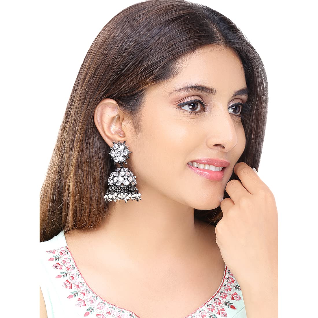 Yellow Chimes Jhumka Earrings for Women Black Gun Plated Floral Design Traditional Stone Jhumka Earrings for Women And Girls
