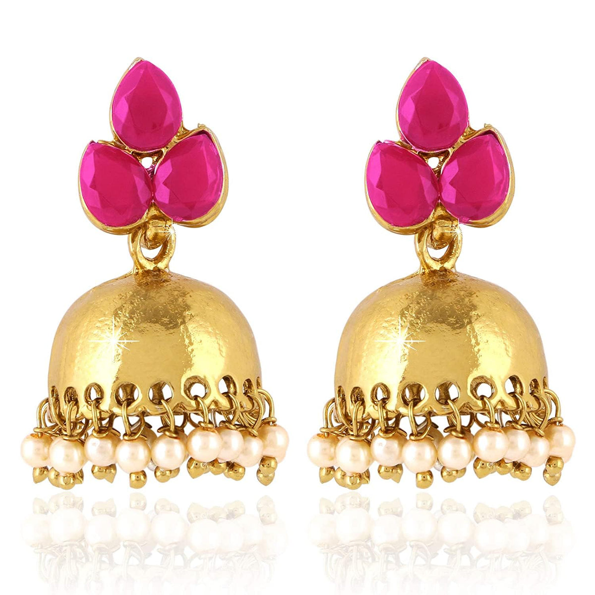 Kairangi Earrings for Women and Girls | Traditional Pink Studded Stone Jhumka Earrings | Gold Plated | Leaf Shaped Jhumki | Birthday Gift for girls and women Anniversary Gift for Wife