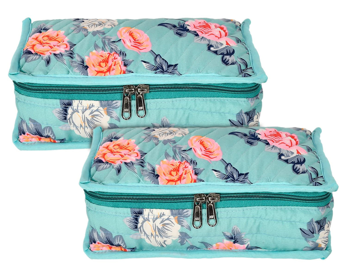 Heart Home Flower Printed Cotton Jewellery Organizer With 6 Transparent Pockets For Keeps Your Jewellery,Earrings, Necklaces Organized And Secure- Pack of 2 (Green)-50HH01207