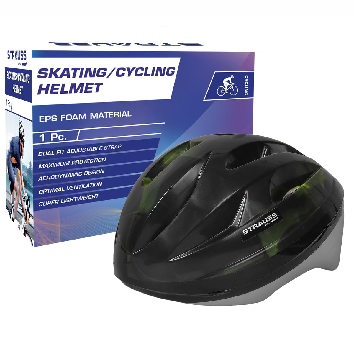 Strauss Cycling Helmet, ELITE | Light Weight with Superior Ventilation | Mountain, Road Bike & Skating Helmet with Premium EPS Foam Lining| Ideal for Adults and Kids | Size: Senior,(Black and Green)