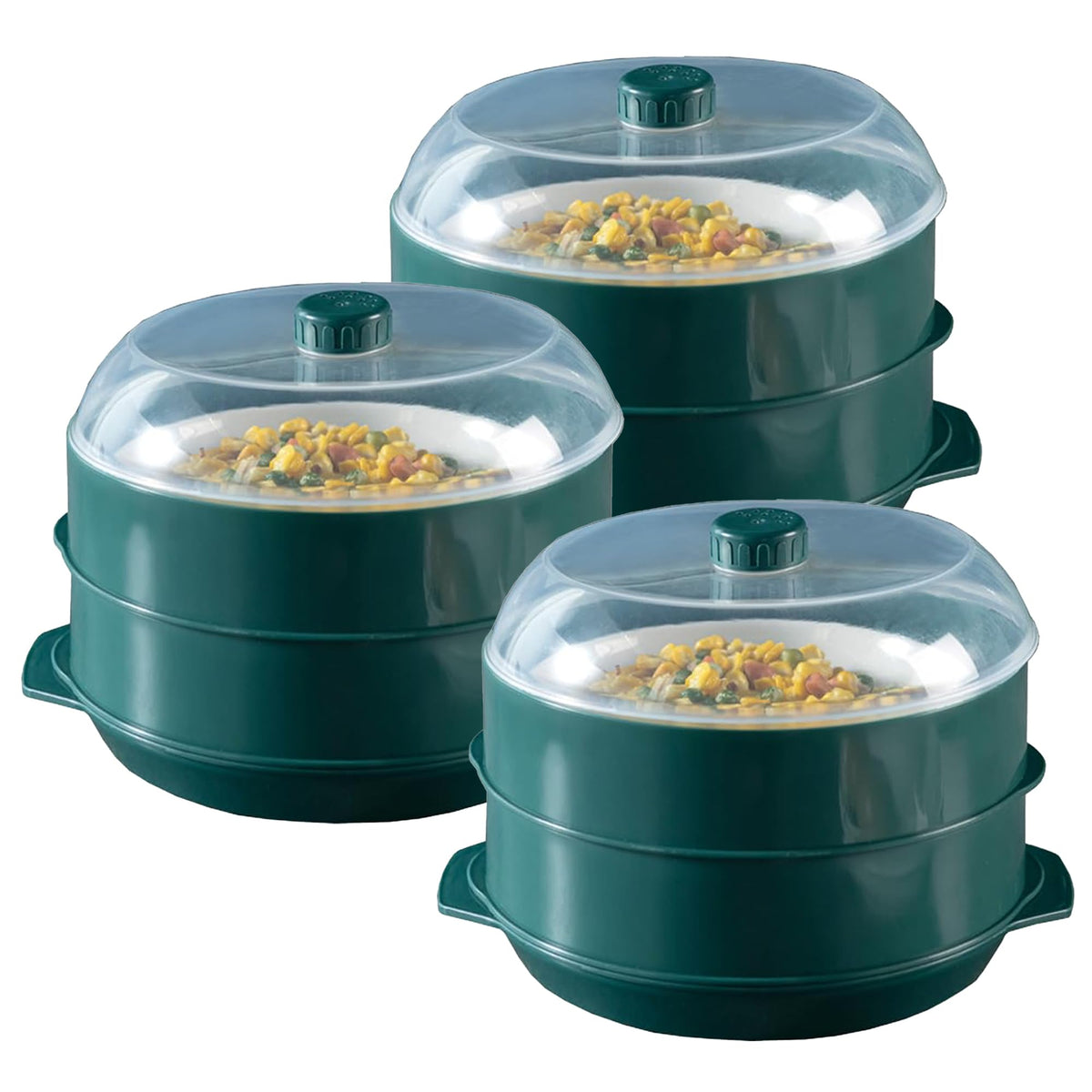 Kuber Microwave Oven Steamer | Microwave Pot Pan | Microwave Safe Set | Microwave Safe Containers (1 Cover +2 Box +1 Base)| (Green Set of 3) | Convenient and Versatile Microwave Cookware Set