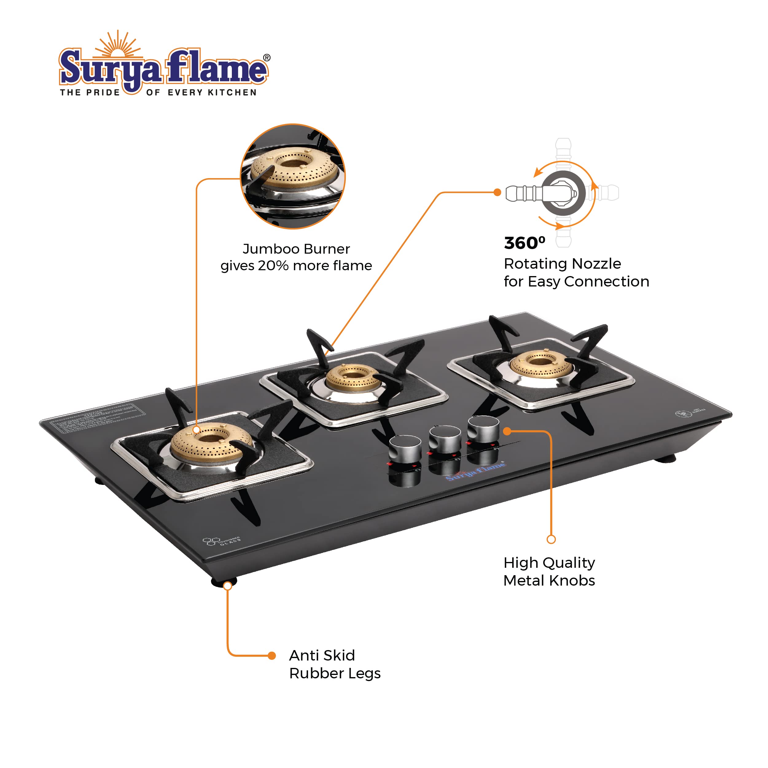 Surya Flame Apollo Square Hob Top | Manual Glass Stove with Spill Proof Desing & Jumbo Burner | 2 Years Complete Doorstep Warranty - Black (3 Burner, 2)