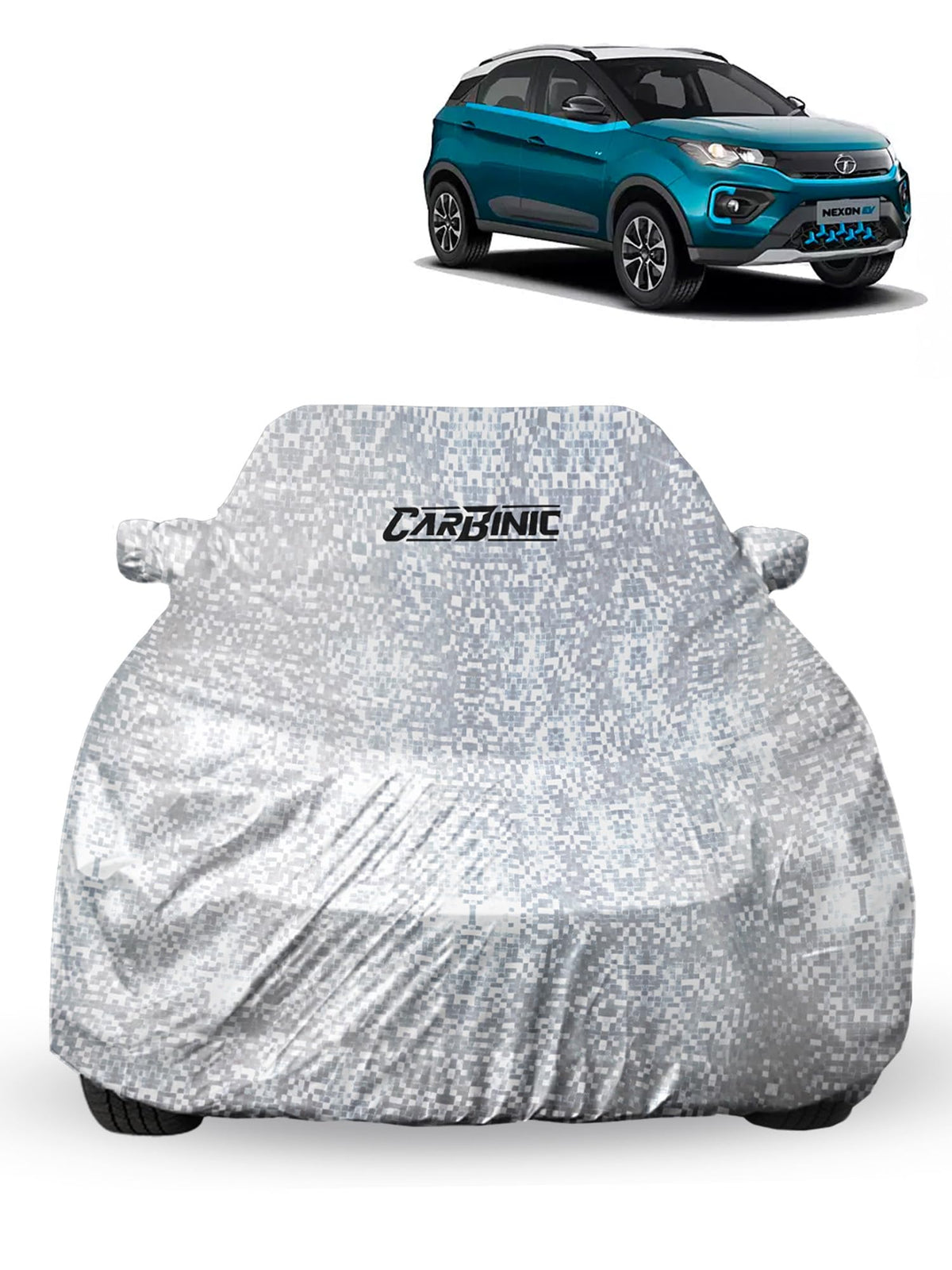 CARBINIC Car Cover for Tata Nexon EV 20172022 Waterproof (Tested) and Dustproof Custom Fit UV Heat Resistant Outdoor Protection with Triple Stitched Fully Elastic Surface | Silver with Pockets