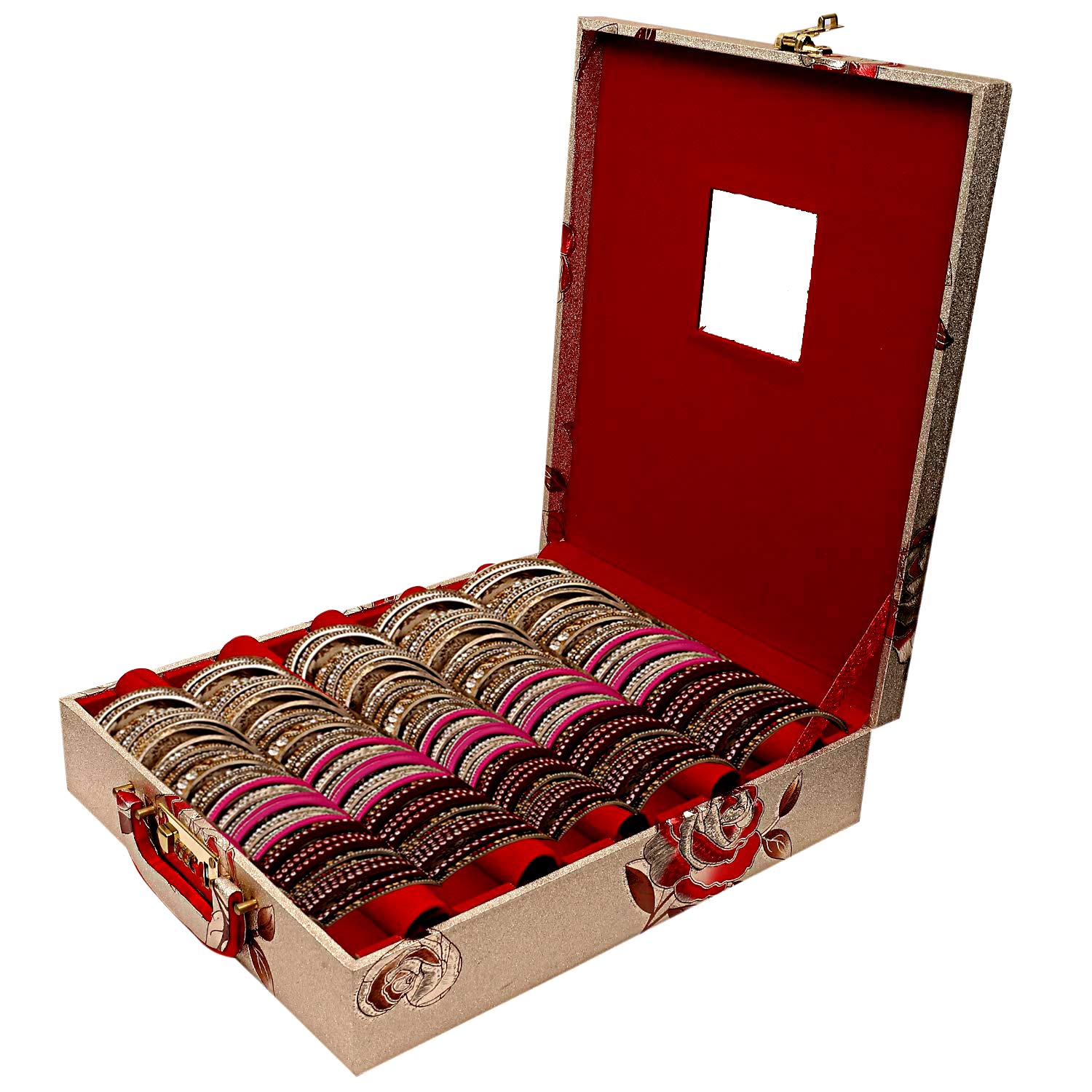 Kuber Industries Wooden Jewelry Box with 5 Rolls-Holder (Golden)