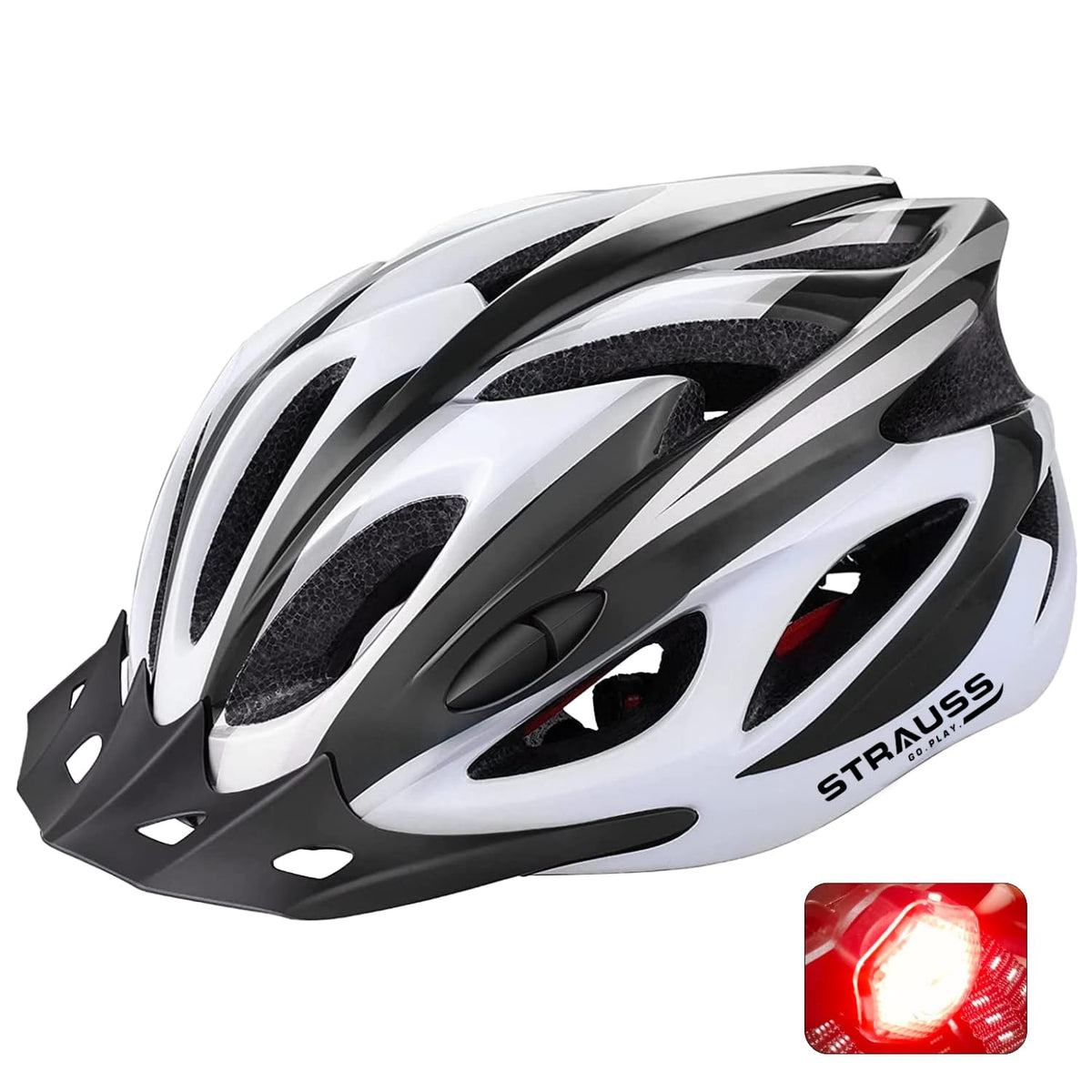 Strauss Adjustable Cycling & Skating Helmet with Detachable Visor & Safety Light | Light Weight with Ventilation | Adjustable Strap, Comfortable Chin Pad | Ideal for Men, Women & Kids (Black/White)