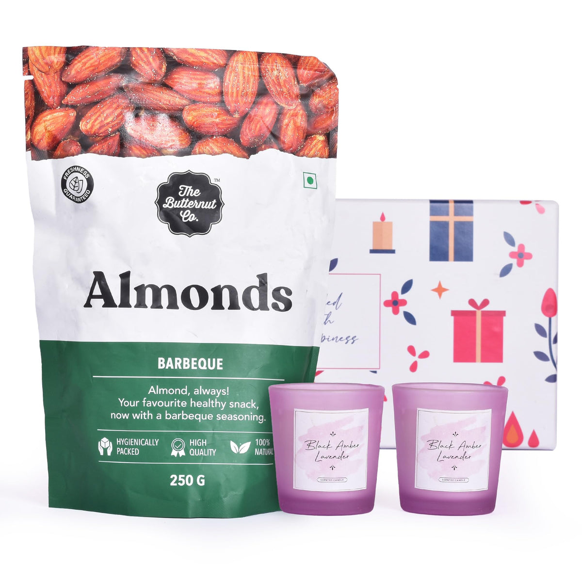 Gleevers Indulgent Delights Gift for Housewarming & Diwali|Gift Box of 3 with Almonds(250 g) & 2 Lavender Candles 60 g|Gift for Housewarming, Dry Fruits Gift Pack, Diwali Gift