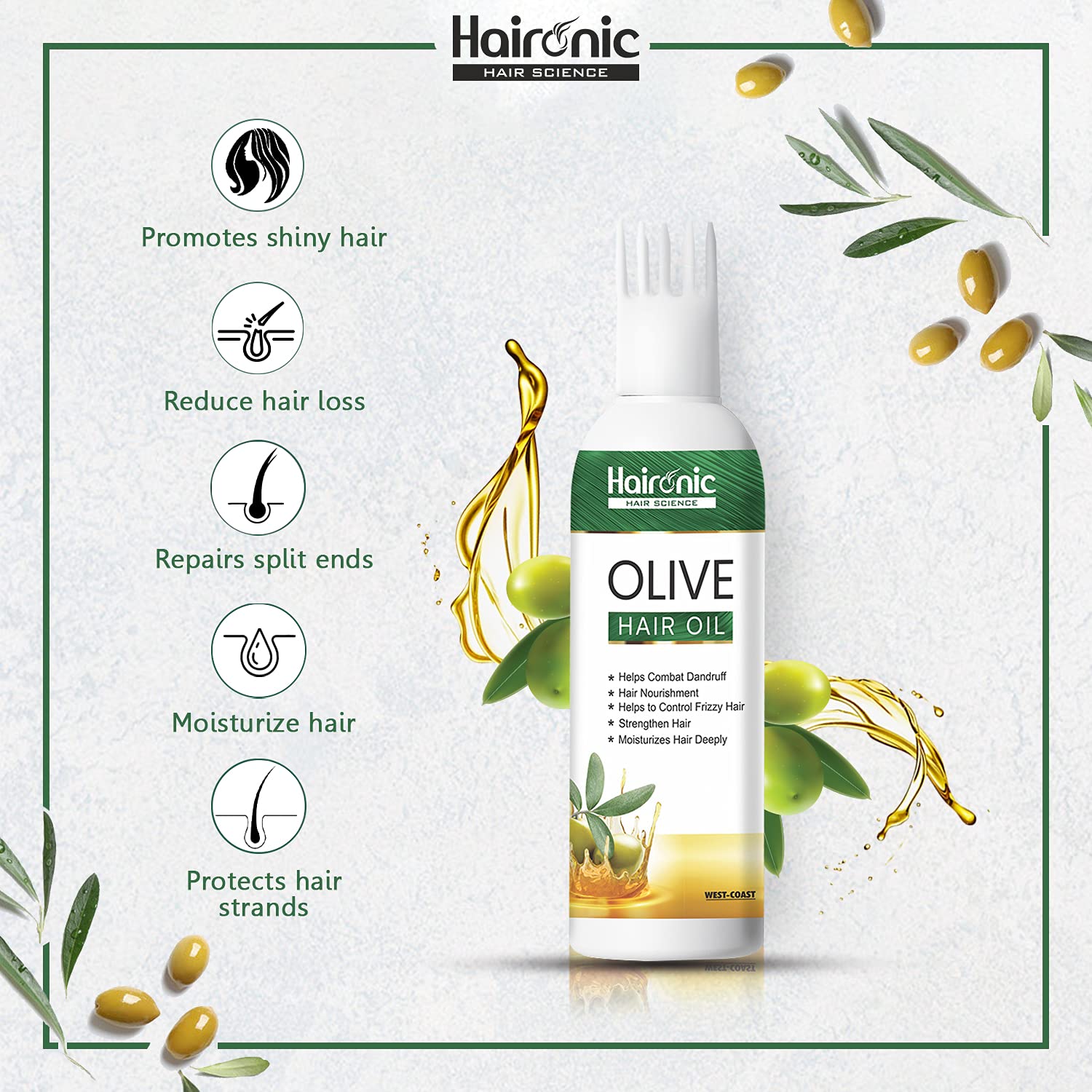 Haironic Hair Science Olive Hair Oil | Helps Combat Dandruff, Smooth Dry Hair, Reduces Hair Fall & Reduces Hair Breakage - 100ml