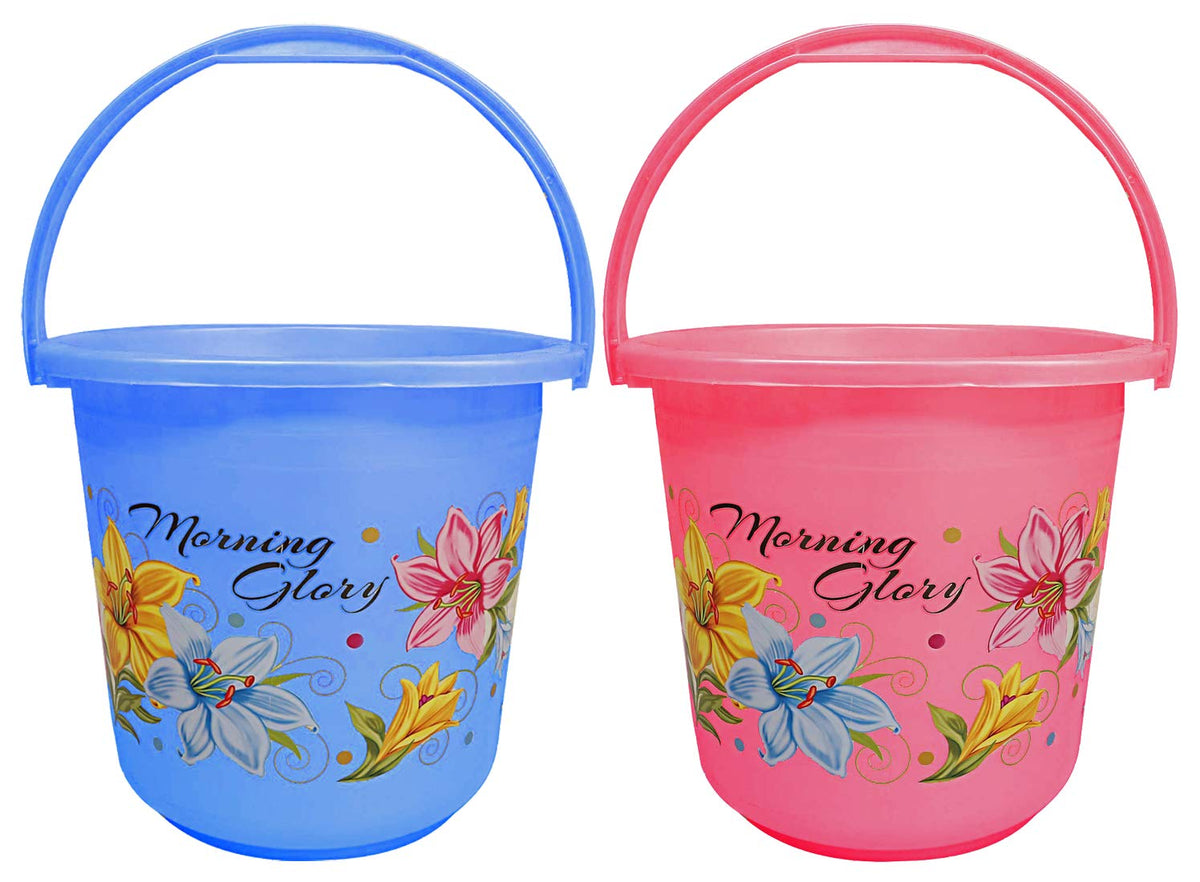 Kuber Industries Floral Print 2 Pieces Unbreakable Strong Plastic Bathroom Bucket 16 LTR (Blue & Pink) -CTKTC34875