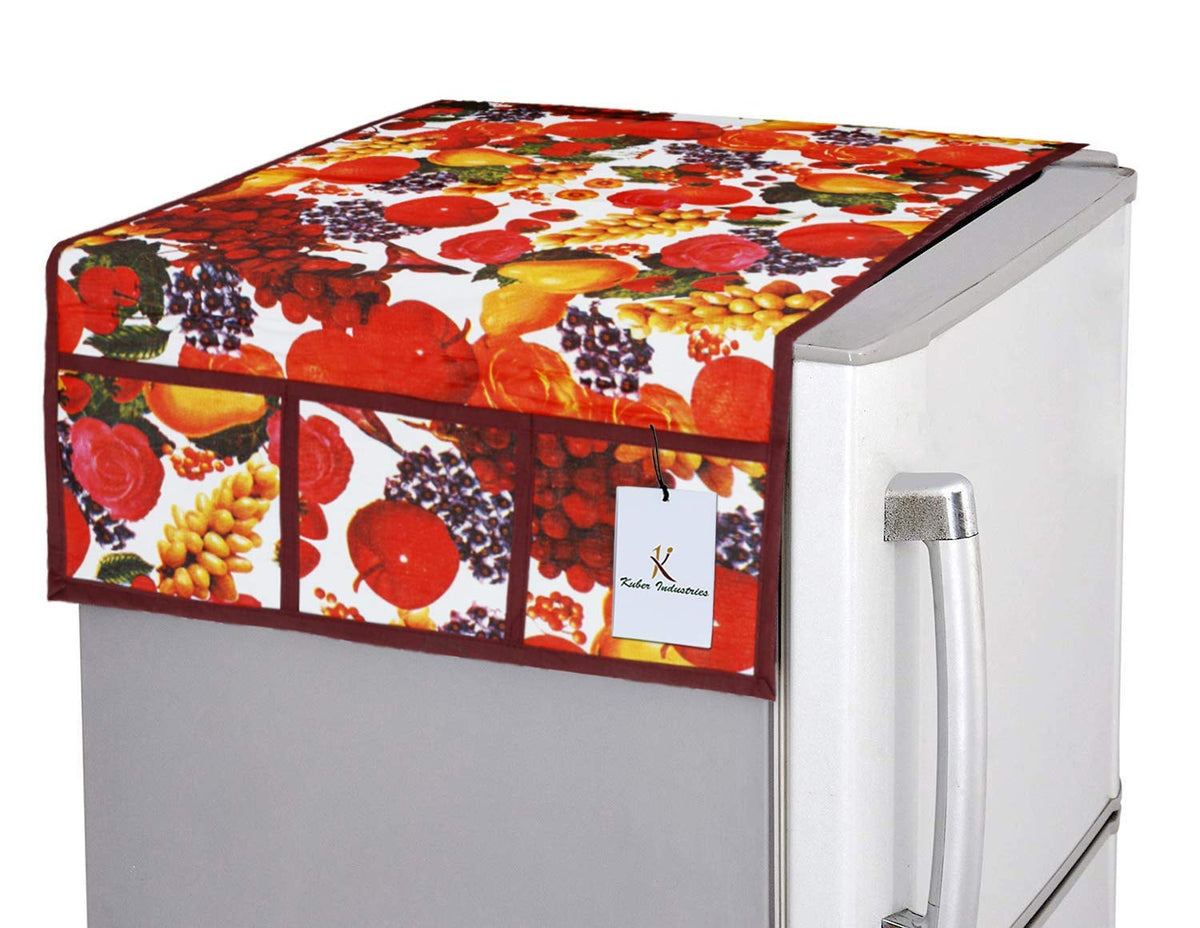 Heart Home Fridge Top Cover|Friut Design & Water Resistant PVC Material|6 Utility Side Pockets with Plain Border|Size 98 x 58 CM, Pack of 1 (Multicolor)