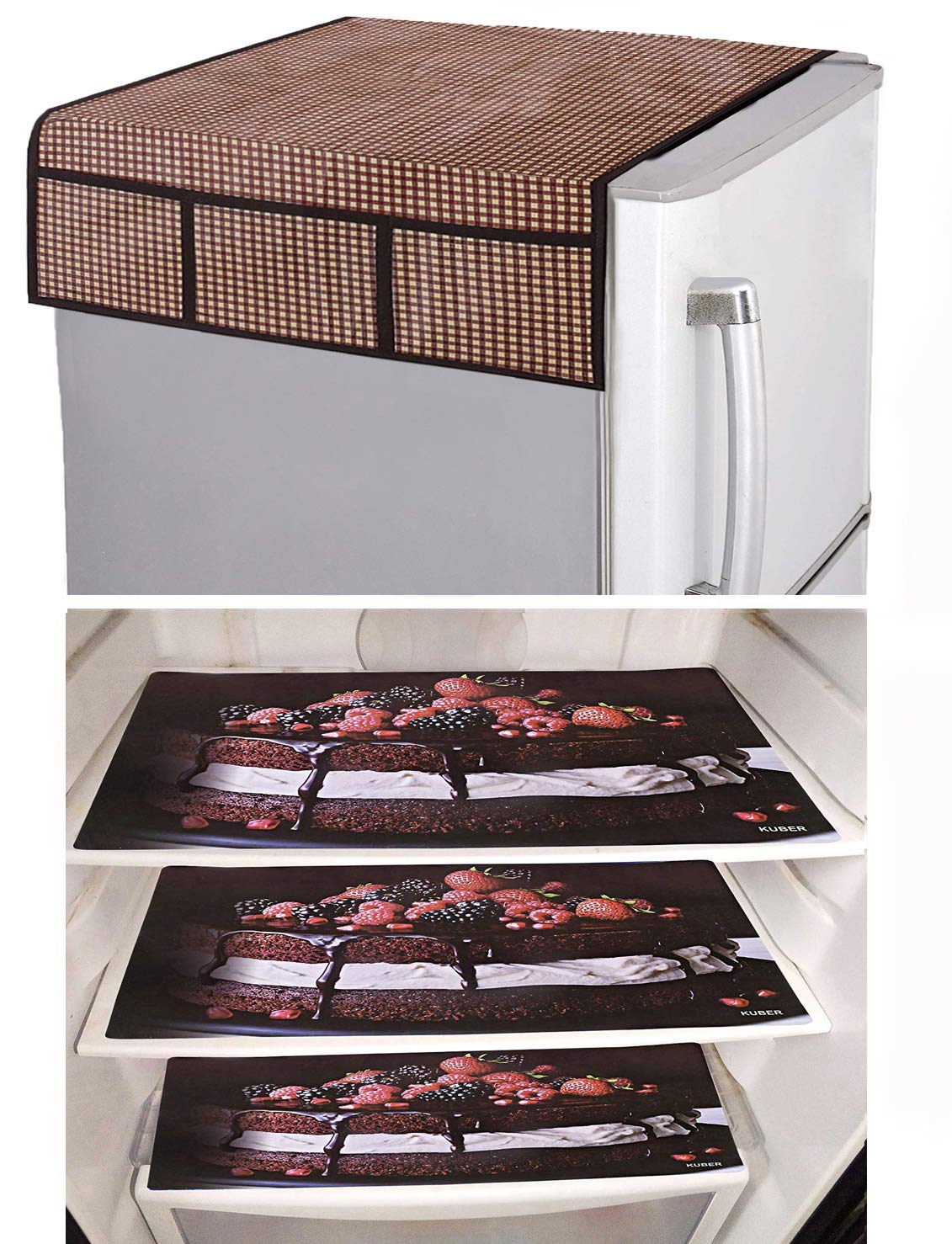 Kuber Industries PVC 3 Pieces Fridge Mats and 1 Piece Fridge Top Cover (Brown & Gold)-CTKTC032780