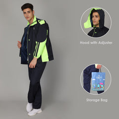 THE CLOWNFISH Solomon Series Men's Waterproof Polyester Double Coating Reversible Raincoat with Hood and Reflector Logo at Back. Set of Top and Bottom. Printed Plastic Pouch with Rope (Blue, X-Large)