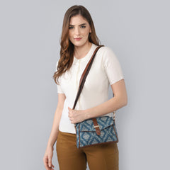 THE CLOWNFISH Odelina Series Printed Handicraft Fabric Sling Bag Handbag for Women Crossbody Bag Office Bag Ladies Single Shoulder Bag with Snap Flap Closure & Shoulder Belt For Women (Peacock Blue)