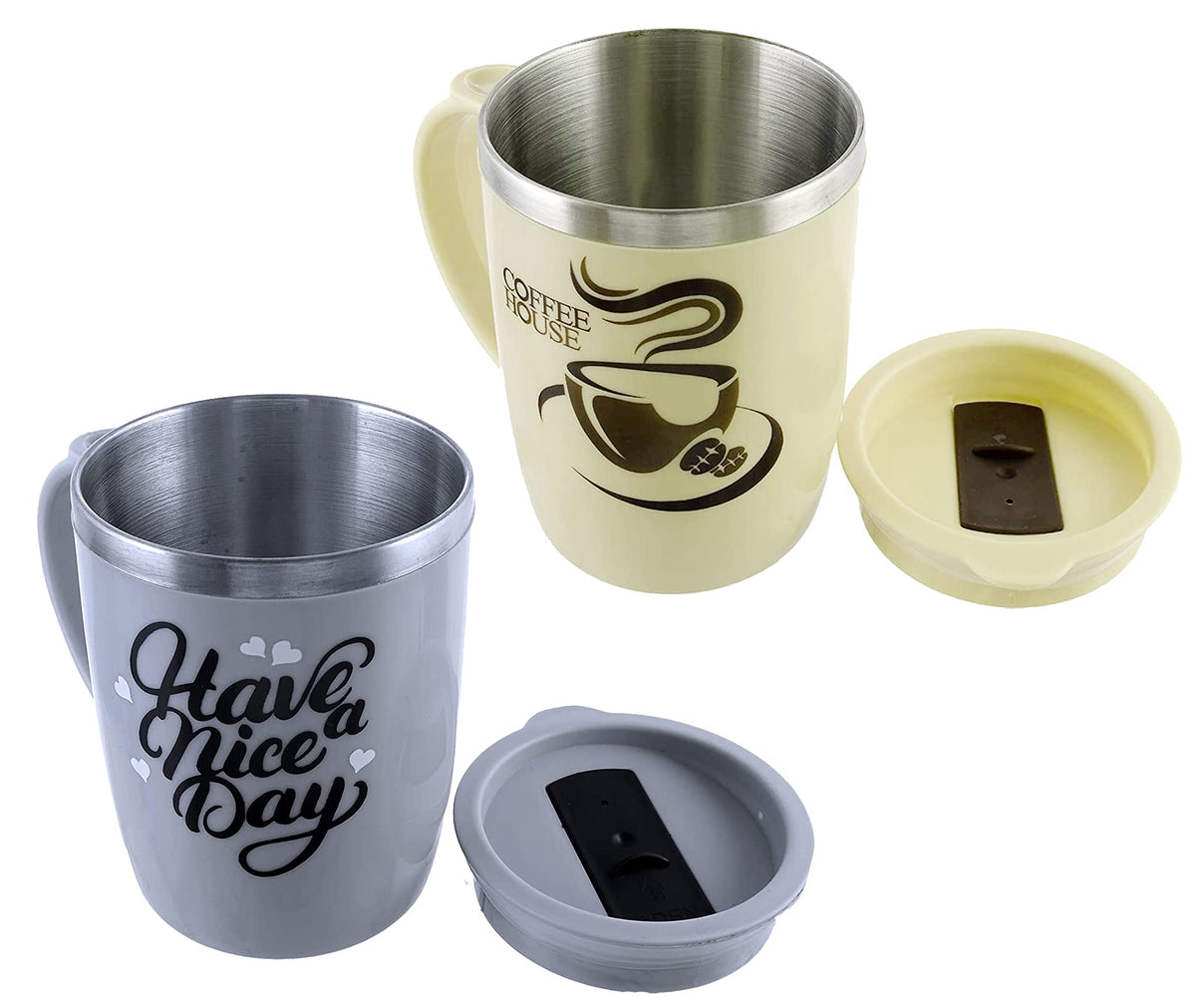 Kuber Industries Double Wall Vacuum Insulated Food Grade BPA Free Plastic Coffee Mug with Lid, Pack of 2 (Grey & Cream)