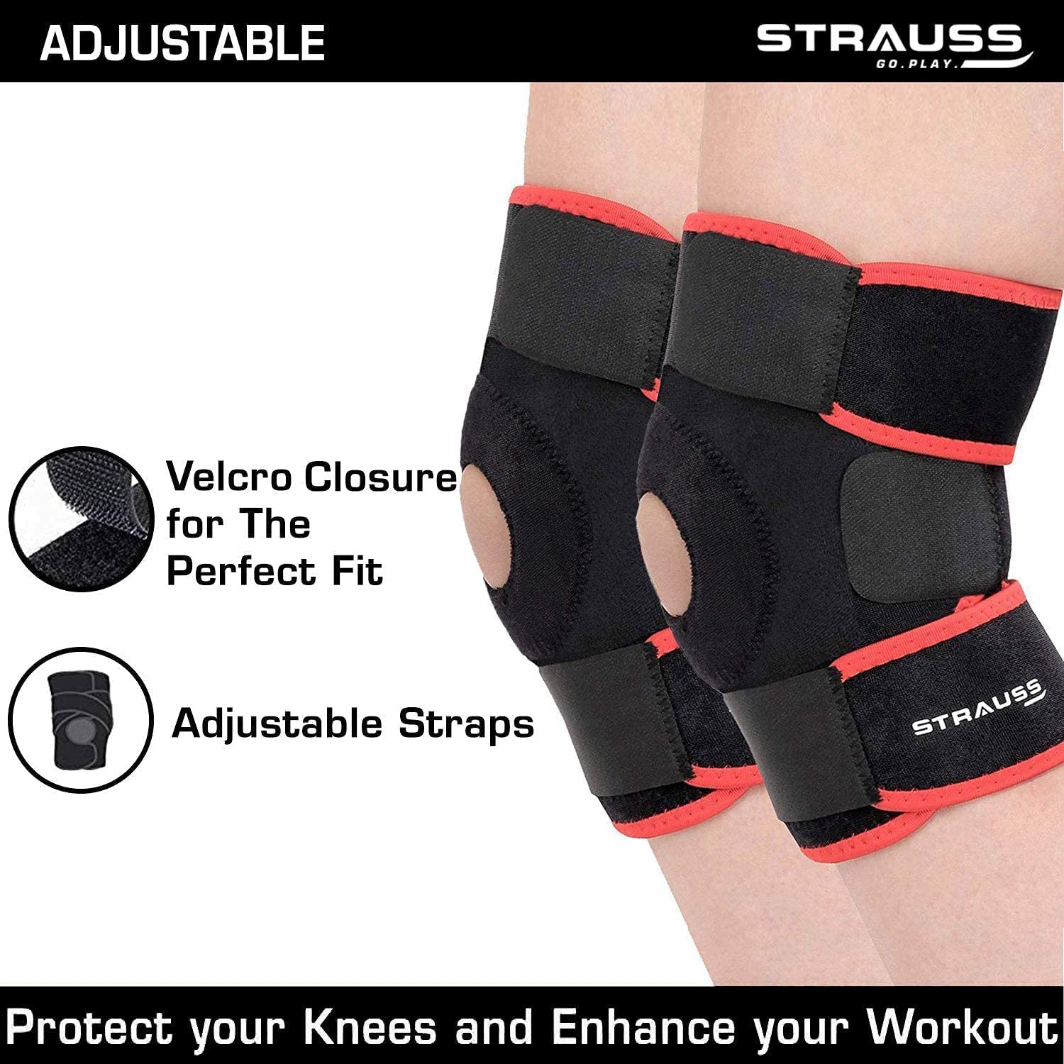 Strauss Adjustable Knee Support Patella, Pair, (Free Size, Black/Red), (Pack of 2)