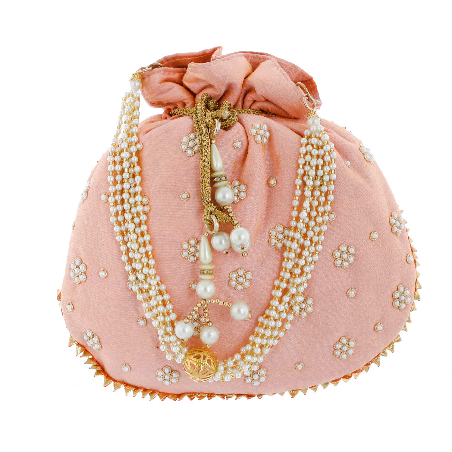 Heart Home Ethnic Clutch Silk Potli Batwa Pouch Bag with Beadwork Gift for Women (Peach) - CTHH13630