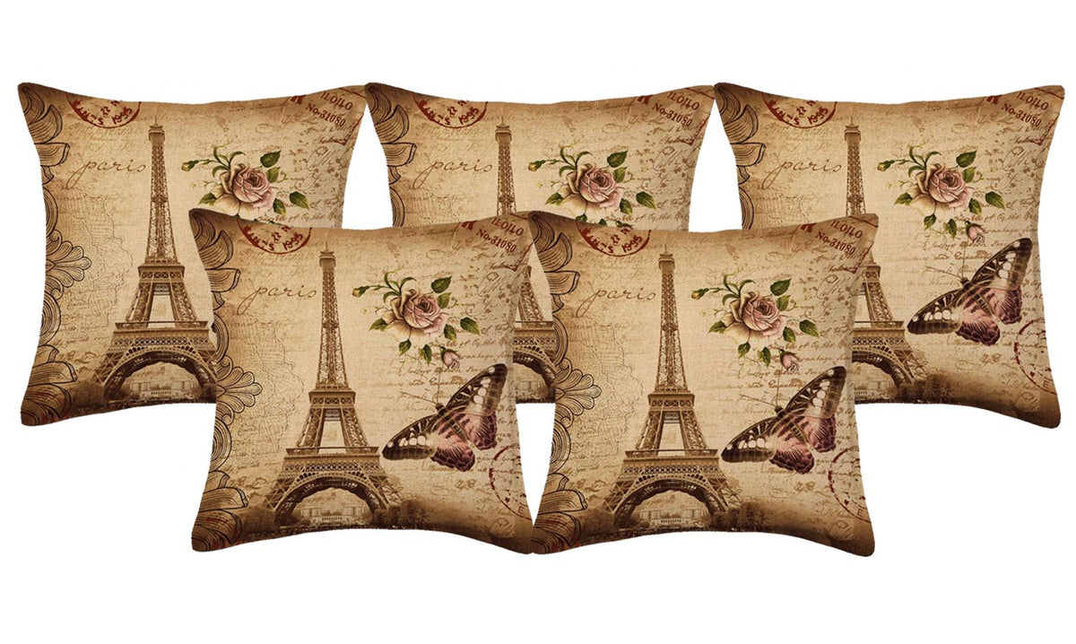 Kuber Industries Eiffel Tower 5 Piece Jute Cushion Cover - 16"x16", Brown