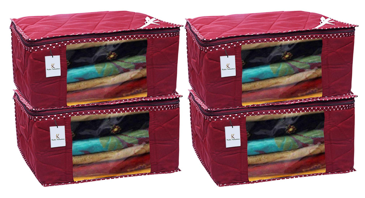 Kuber Industries 3 Layered Quilted 4 Pieces Cotton Saree Cover Set (Maroon) - CTKTC23172
