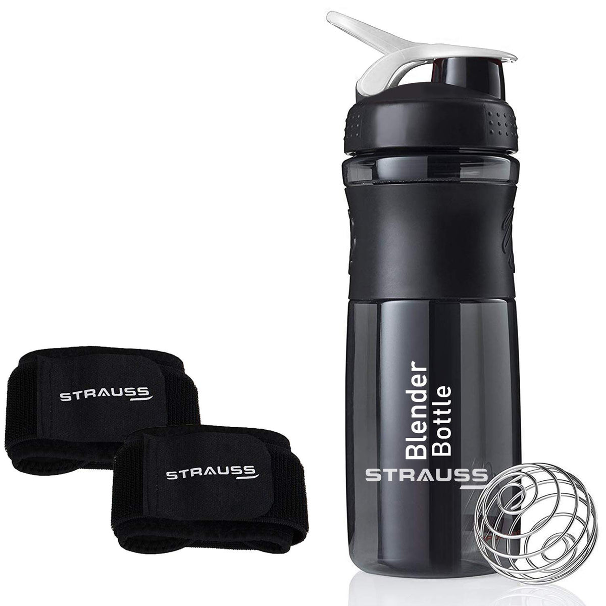 Strauss Blender Shaker Bottle 760ml, (Black) and Wrist Support Pair (Free Size, Black)