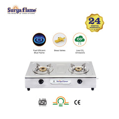 Surya Flame Ultimate Gas Stove 2 Burners | LPG Stove with Stainless Steel Pan Support | Anti Skid Rubber Legs - 2 Years Complete Doorstep Warranty (Manual, 2)
