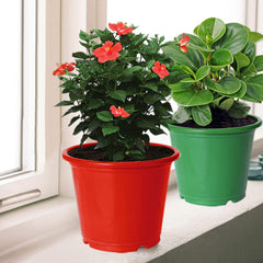 Kuber Industries Plastic Planters|Gamla|Flower Pots for Garden Nursery Home Décor,8"x6",Pack of 3 (Green,Red,Black)