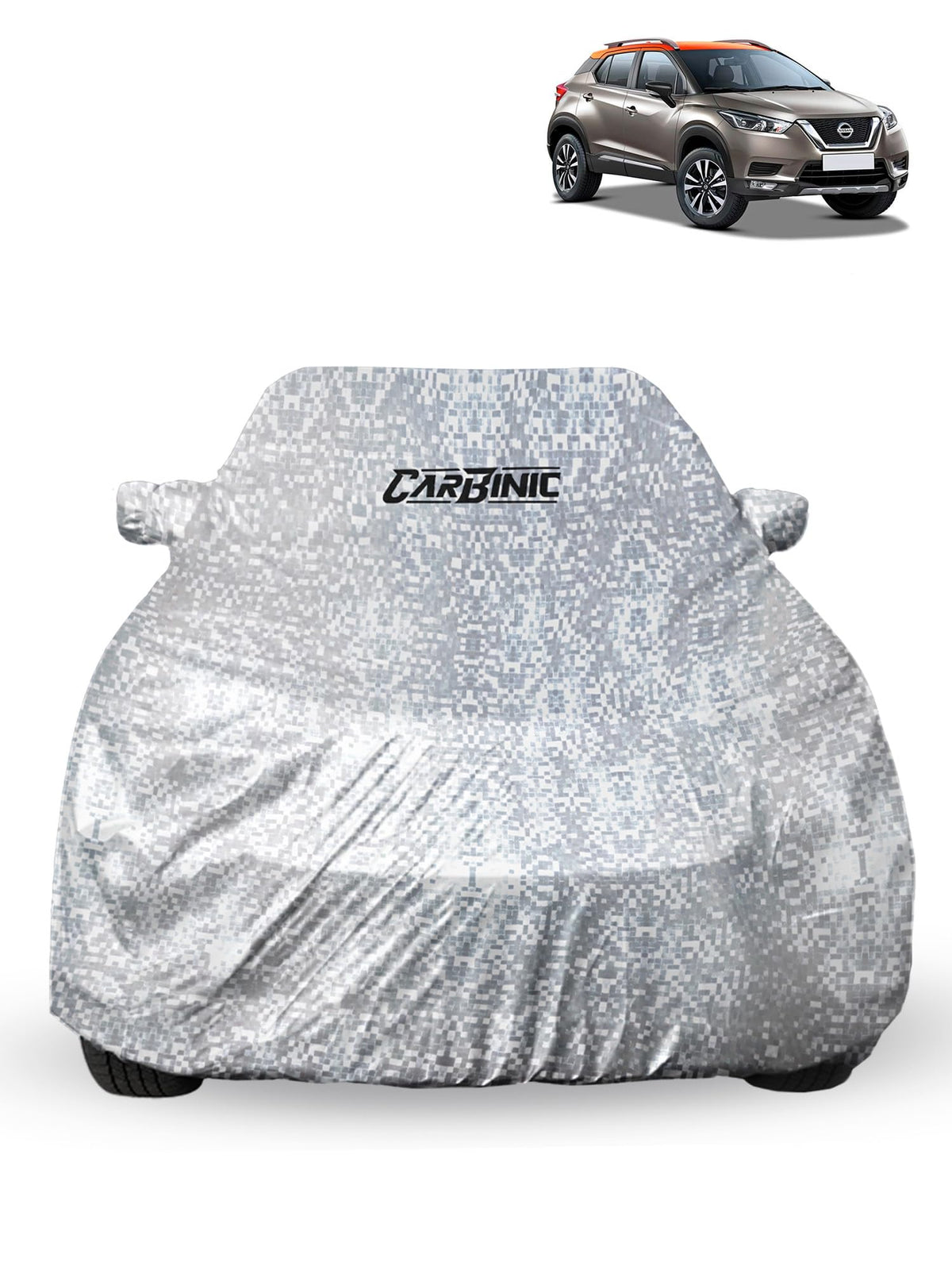 CARBINIC Car Cover for Nissan Kicks2019 Waterproof (Tested) and Dustproof Custom Fit UV Heat Resistant Outdoor Protection with Triple Stitched Fully Elastic Surface | Silver with Pockets