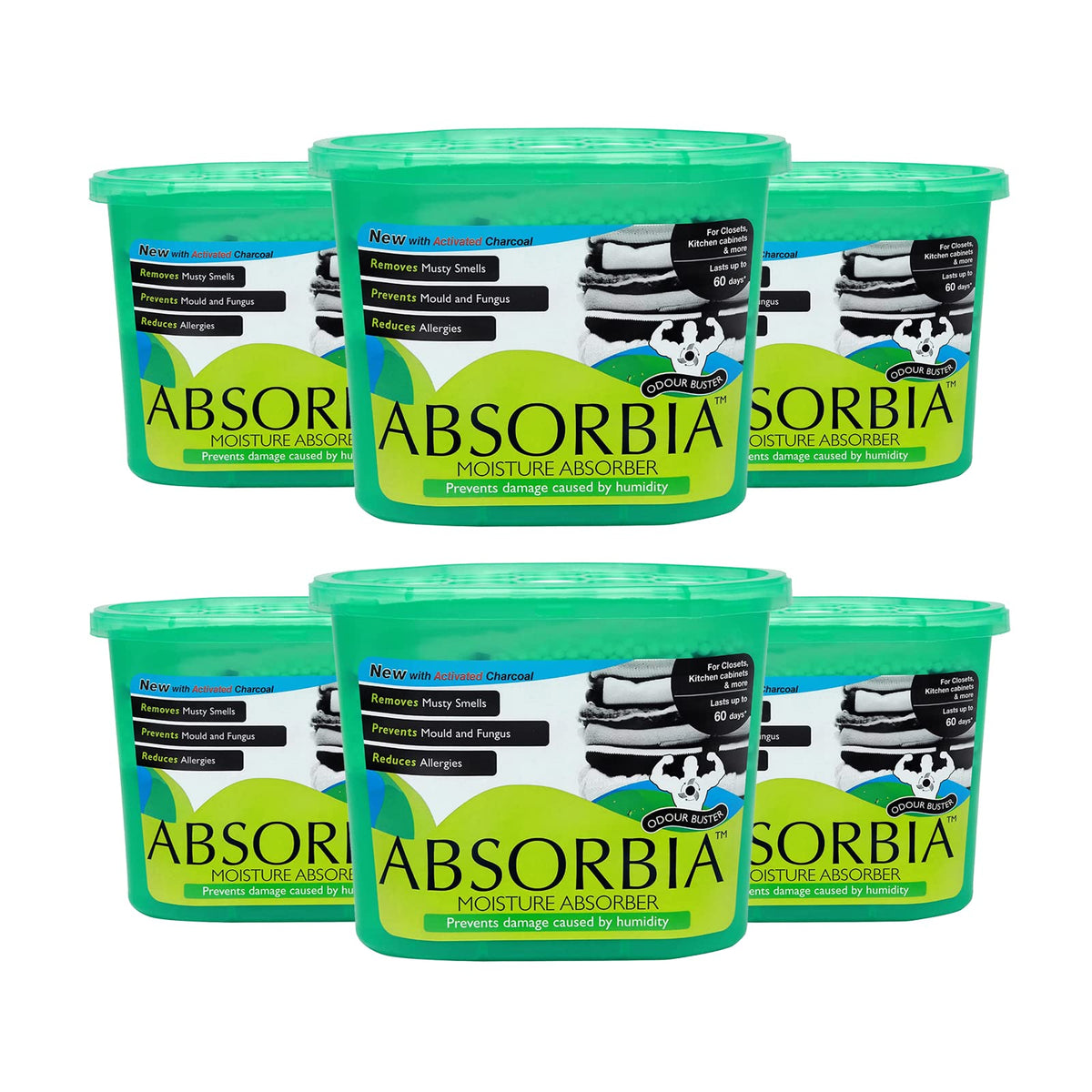 Absorbia Moisture Absorber and Odour Buster with Activated Charcoal - 300 g (Pack of 6) Absorption Capacity 600ml Each | Dehumidier for Wardrobe, Cupboards & Closets | Fights Against Mould