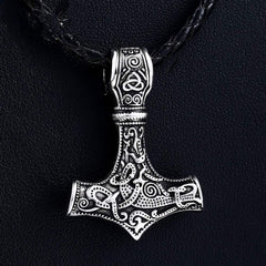 Yellow Chimes Pendant for Men Silver Men Pendant Thor's Hammer Mjolnir Braided Black Leather Rope Silver Pendant Necklace for Men and Boys.