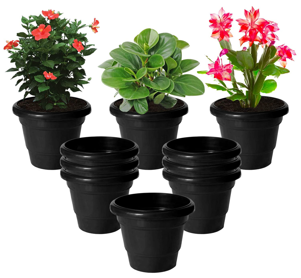 Kuber Industries Solid 2 Layered Plastic Flower Pot|Gamla for Home Decor,Nursery,Balcony,Garden,8"x 6",Pack of 10 (Black)