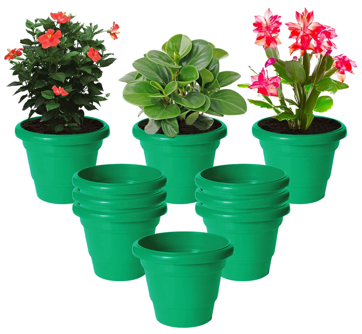 Kuber Industries Solid 2 Layered Plastic Flower Pot|Gamla for Home Decor,Nursery,Balcony,Garden,6"x5",Pack of 10 (Green)