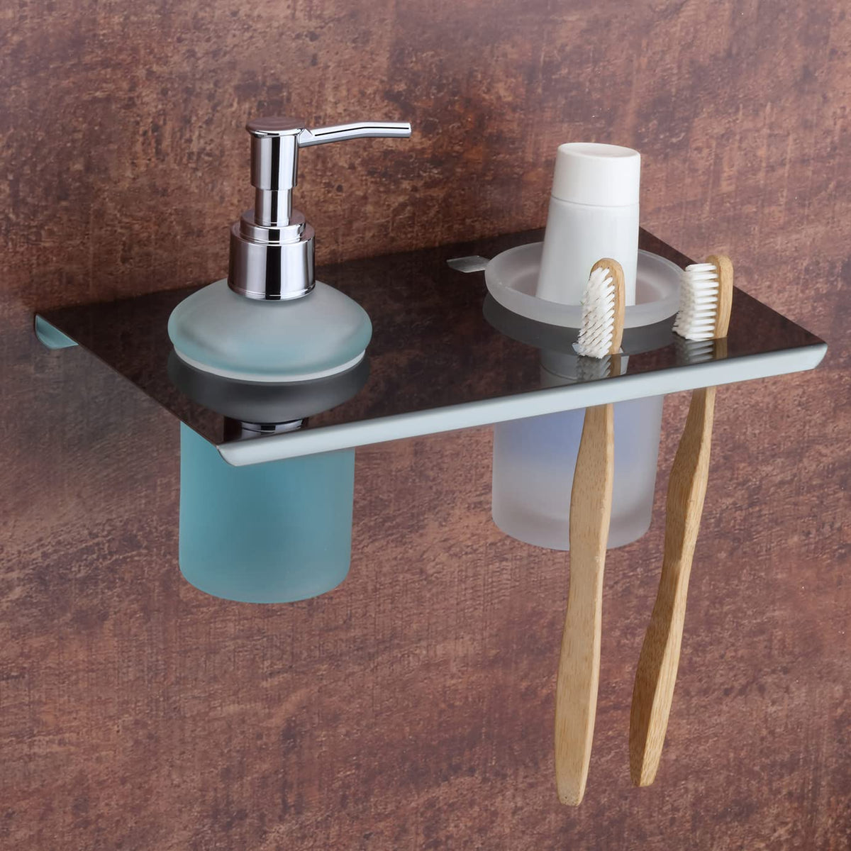 Plantex Stainless Steel 2 in 1 Liquid Soap Dispenser/Hand Wash Dispenser with Tumbler Holder/Tooth Brush Holder/Bathroom Accessories - Wall Mount (Black-Chrome)